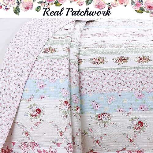 Cozy Line Home Fashions 100% Cotton Real Patchwork Pink Floral Cottage Shabby Chic Reversible Quilt Bedding Set, Bedspread, Coverlet (Wild Rose, Queen - 3 Piece) - Image 4