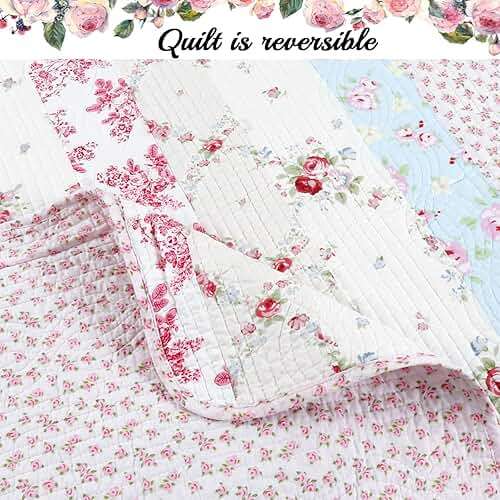 Cozy Line Home Fashions 100% Cotton Real Patchwork Pink Floral Cottage Shabby Chic Reversible Quilt Bedding Set, Bedspread, Coverlet (Wild Rose, Queen - 3 Piece) - Image 5