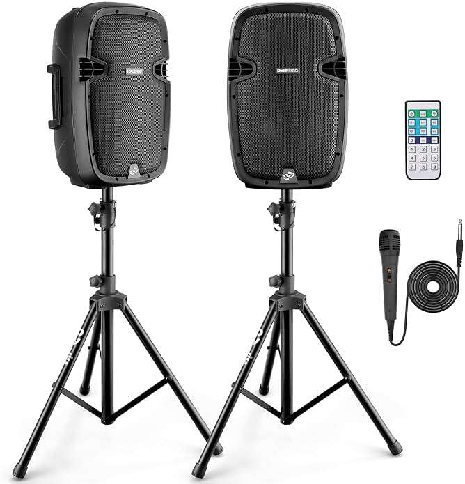 Pyle 10" Wireless Portable PA system - 1000W High Powered Bluetooth Compatible Active + Passive Pair Outdoor Sound Speakers w/ USB SD MP3 AUX - 35mm Mount, 2 Stands, Microphone, Remote - PPHP1049KT - Image 1