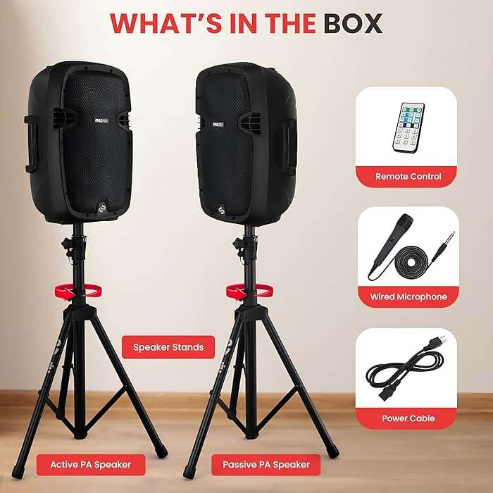 Pyle 10" Wireless Portable PA system - 1000W High Powered Bluetooth Compatible Active + Passive Pair Outdoor Sound Speakers w/ USB SD MP3 AUX - 35mm Mount, 2 Stands, Microphone, Remote - PPHP1049KT - Image 3