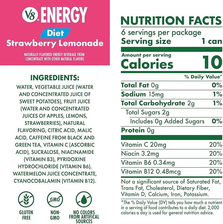 V8 Energy Diet Strawberry Lemonade Juice Energy Drink, 8 fl oz Can (6 Pack) - Image 2