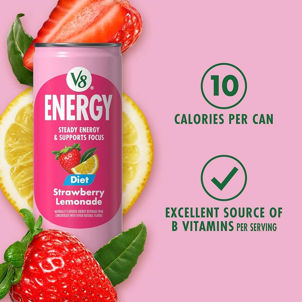 V8 Energy Diet Strawberry Lemonade Juice Energy Drink, 8 fl oz Can (6 Pack) - Image 5