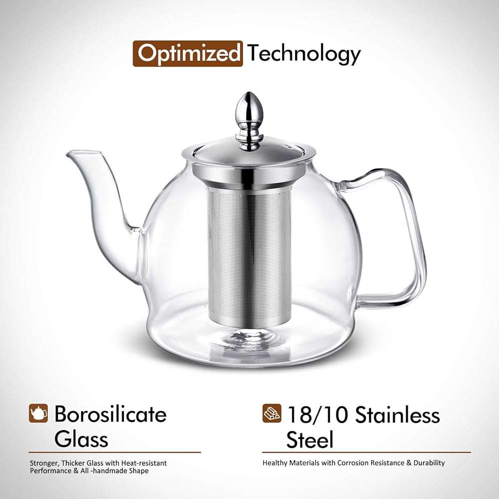 HIWARE 1000ml Glass Teapot with Removable Infuser, Stovetop Safe Tea Kettle, Blooming and Loose Leaf Tea Maker Set - Image 3