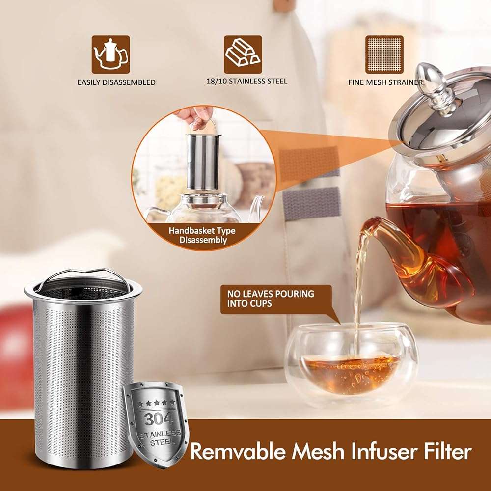 HIWARE 1000ml Glass Teapot with Removable Infuser, Stovetop Safe Tea Kettle, Blooming and Loose Leaf Tea Maker Set - Image 4