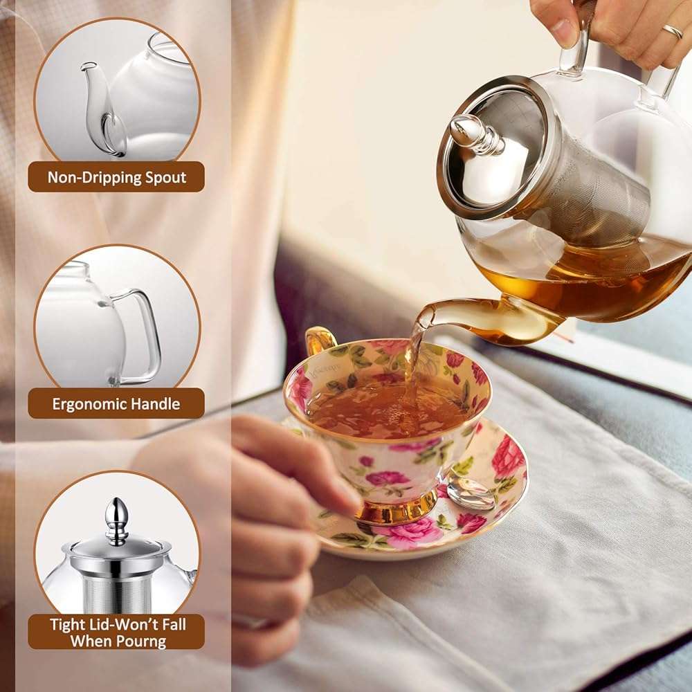 HIWARE 1000ml Glass Teapot with Removable Infuser, Stovetop Safe Tea Kettle, Blooming and Loose Leaf Tea Maker Set - Image 5