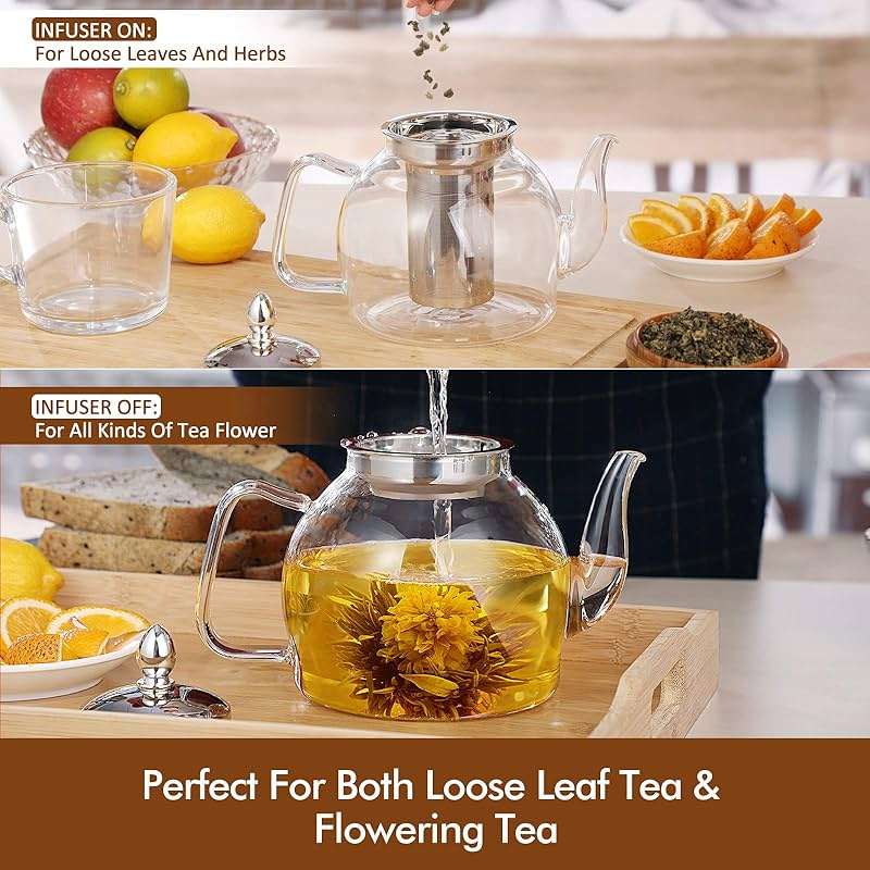 HIWARE 1000ml Glass Teapot with Removable Infuser, Stovetop Safe Tea Kettle, Blooming and Loose Leaf Tea Maker Set - Image 6