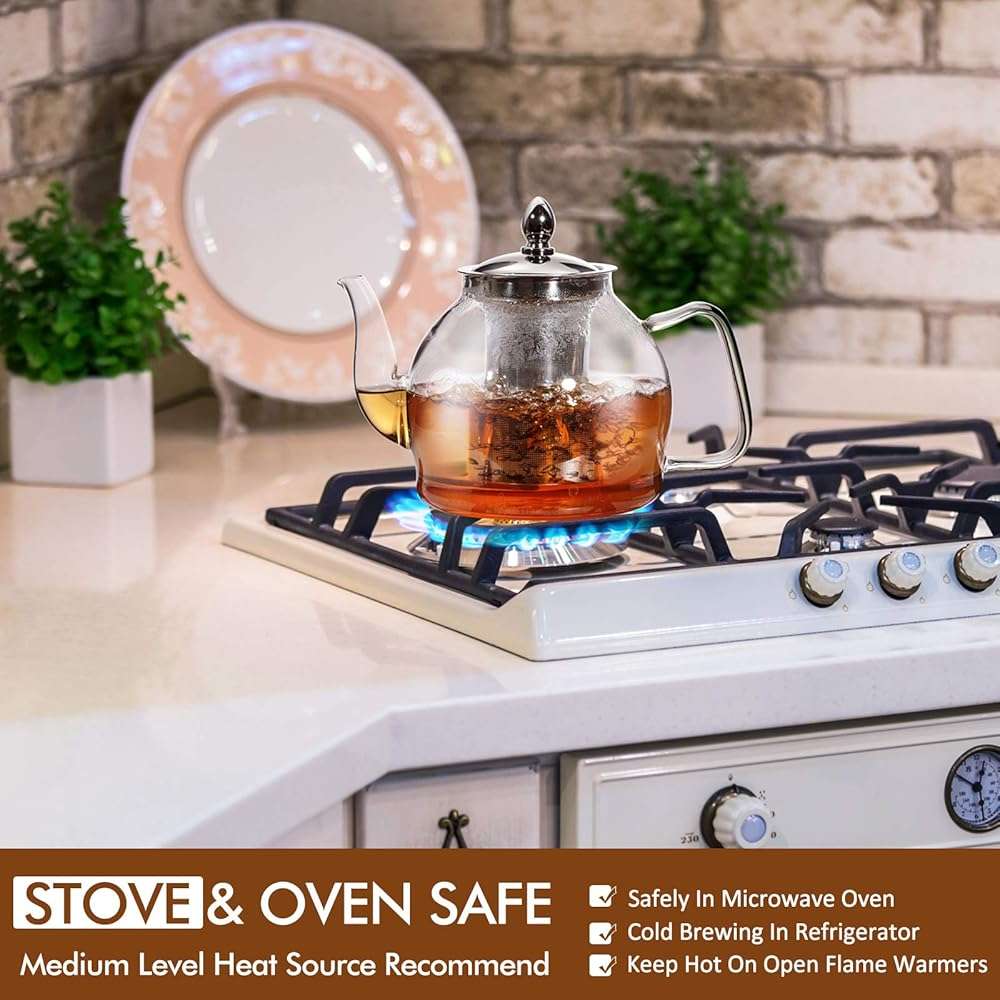 HIWARE 1000ml Glass Teapot with Removable Infuser, Stovetop Safe Tea Kettle, Blooming and Loose Leaf Tea Maker Set - Image 7