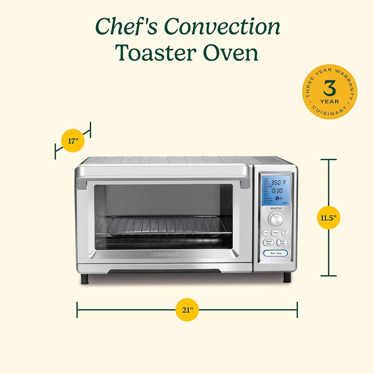 Cuisinart Chef’s Convection Toaster Oven, 1800-Watt Electric Oven with 15 Cooking Functions, Fits 13" Pizza, 9"x13" Baking Pan, and Full-Size Chicken, Nonstick Interior, TOB-260N1NAS, Stainless Steel - Image 3