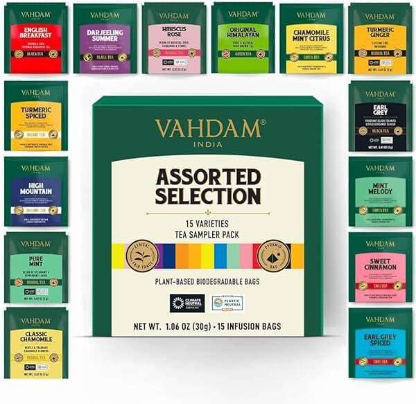 VAHDAM, Assorted Tea Sampler (15 Different Variety in Individually Wrapped Pyramid Tea Bags) Long Leaf Premium Teas I Teas Gift Set I Ideas for Tea Lovers | Gifts for Women & Men - Image 1