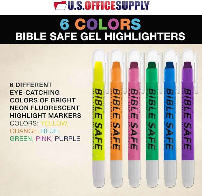 U.S. Office Supply Bible Safe Highlighter Set of 6 Bright Flouresent Colors, Dry Bible Highlighters No Bleed, Fade or Smear, Safe Gel Markers, Accessories, Study Guide - Image 3