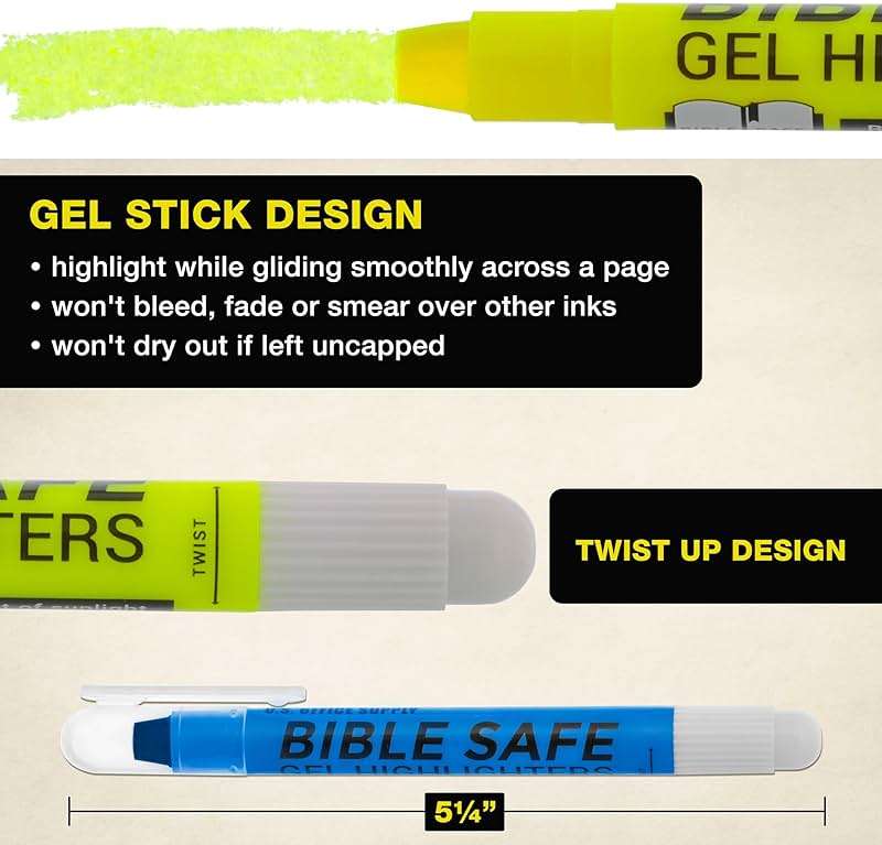 U.S. Office Supply Bible Safe Highlighter Set of 6 Bright Flouresent Colors, Dry Bible Highlighters No Bleed, Fade or Smear, Safe Gel Markers, Accessories, Study Guide - Image 4