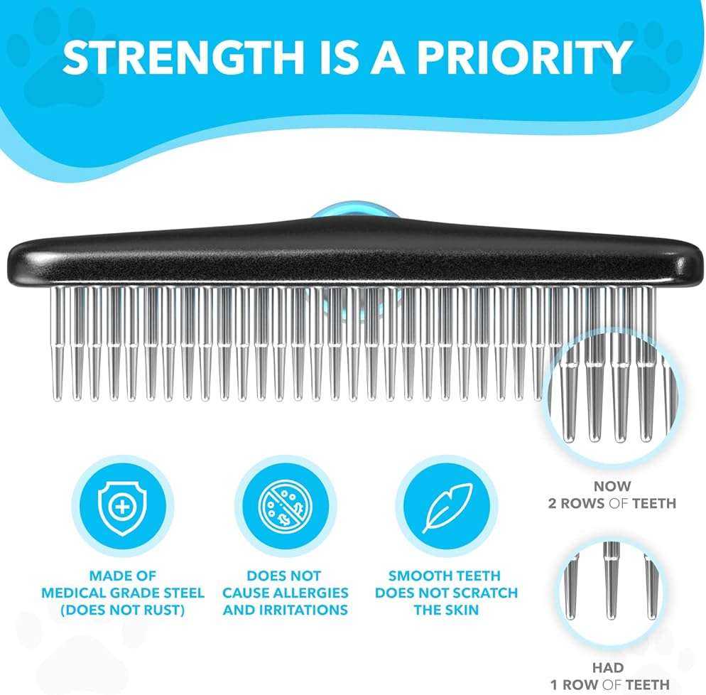 DOGI Deshedding Brush - Undercoat Rake for Dogs, Cats, Matted, Short, Long Hair Coats - Double Row Stainless Steel Pins - Reduce Shedding by 90% (Blue) - Image 4