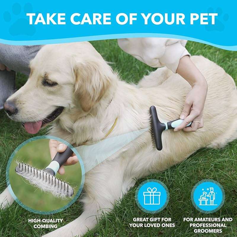 DOGI Deshedding Brush - Undercoat Rake for Dogs, Cats, Matted, Short, Long Hair Coats - Double Row Stainless Steel Pins - Reduce Shedding by 90% (Blue) - Image 7