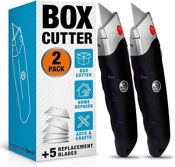 INTERNET'S BEST Premium Utility Knife Set | Retractable Box Cutter with Rubber Handle | Heavy-Duty Cutting for Cardboard, Carpet, Plastic | Retractable Blade | Includes 2 Razor Knives & Extra Blades - Image 1
