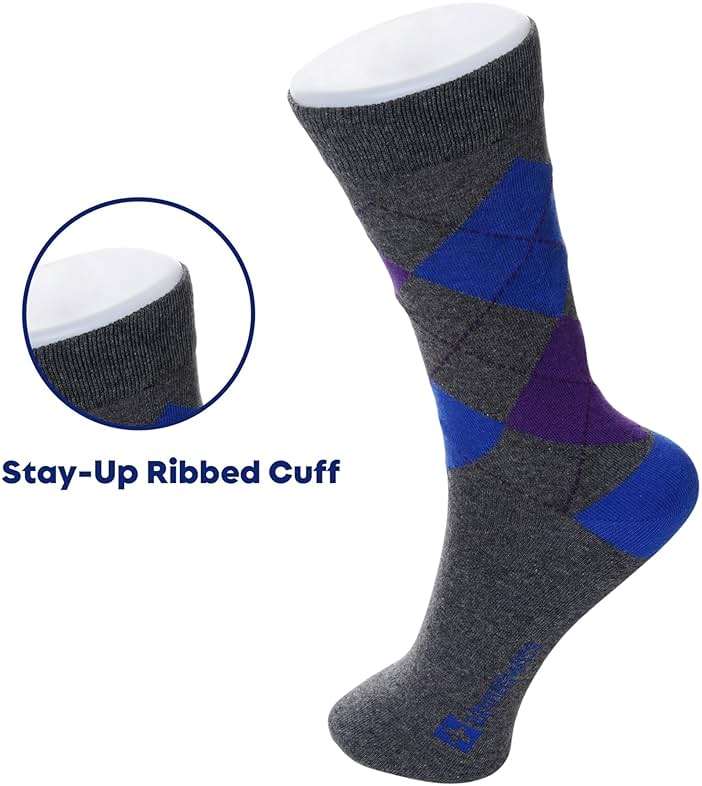 Alpine Swiss Mens Dress Socks 6 Pair Crew Sock Cotton Dress Socks for Men Solid Ribbed Argyle Pattern Multicolor Fun Designs - Image 7