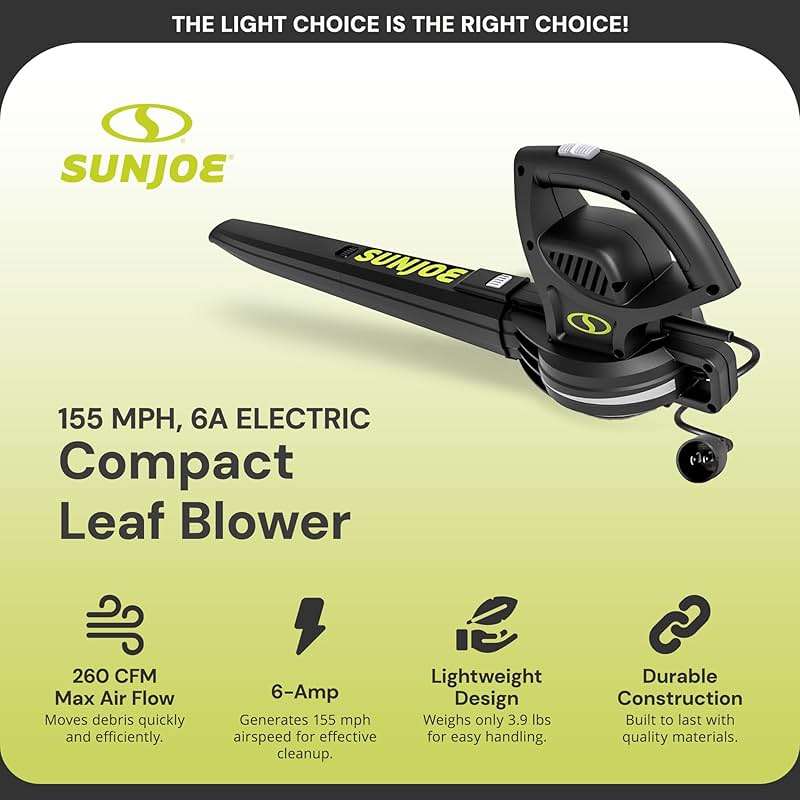Sun Joe Corded Electric Leaf Blower Machine, 155 MPH, 260 CFM, 6-Amp Motor, Black - Portable and Lightweight Gardening Equipment for Yard Care and Lawn Maintenance, SBJ597E - Image 2
