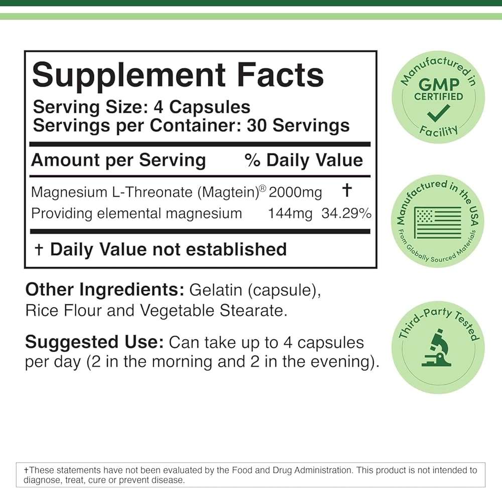 Magnesium L Threonate Capsules – High Absorption Generic Supplement – Most Bioavailable Form – 2,000 mg – 100 Capsules - Image 2