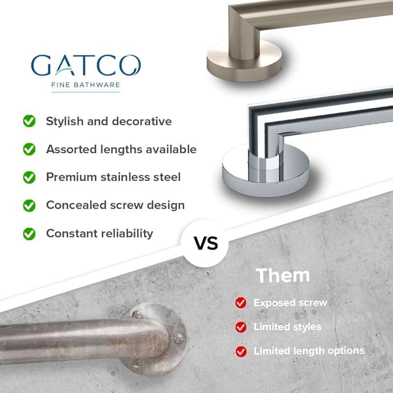 Gatco 970 Glam Shower Grab Bar, 12 Inch, ADA Compliant Stainless Steel, Satin Nickel, Wall Mounted Bathroom Handrail - Image 6