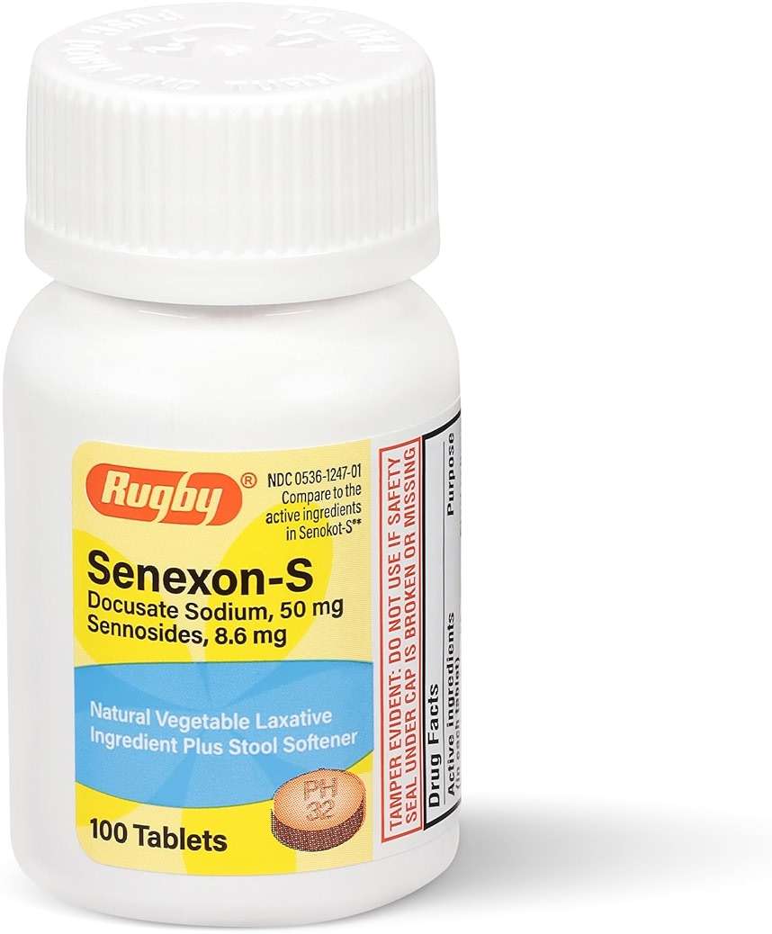 Rugby Senexon-S - Natural Vegetable Laxative Ingredient Plus Stool Softener, Constipation Relief - Docusate Sodium 50mg, Sennosides 8.6mg - 100 Tablets (1-Pack) - Image 1