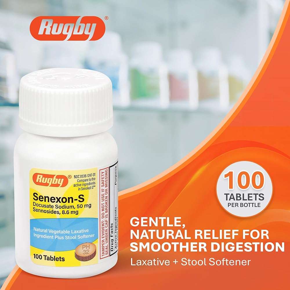 Rugby Senexon-S - Natural Vegetable Laxative Ingredient Plus Stool Softener, Constipation Relief - Docusate Sodium 50mg, Sennosides 8.6mg - 100 Tablets (1-Pack) - Image 2