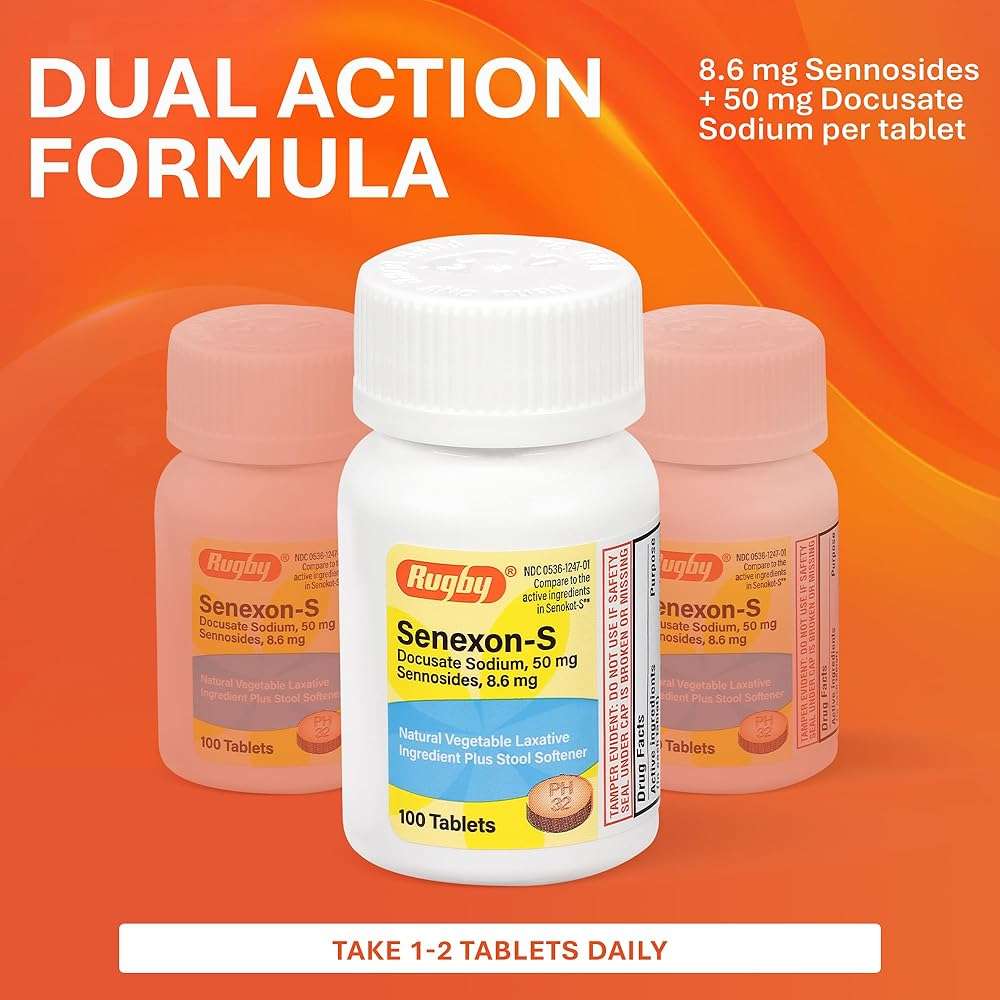 Rugby Senexon-S - Natural Vegetable Laxative Ingredient Plus Stool Softener, Constipation Relief - Docusate Sodium 50mg, Sennosides 8.6mg - 100 Tablets (1-Pack) - Image 3