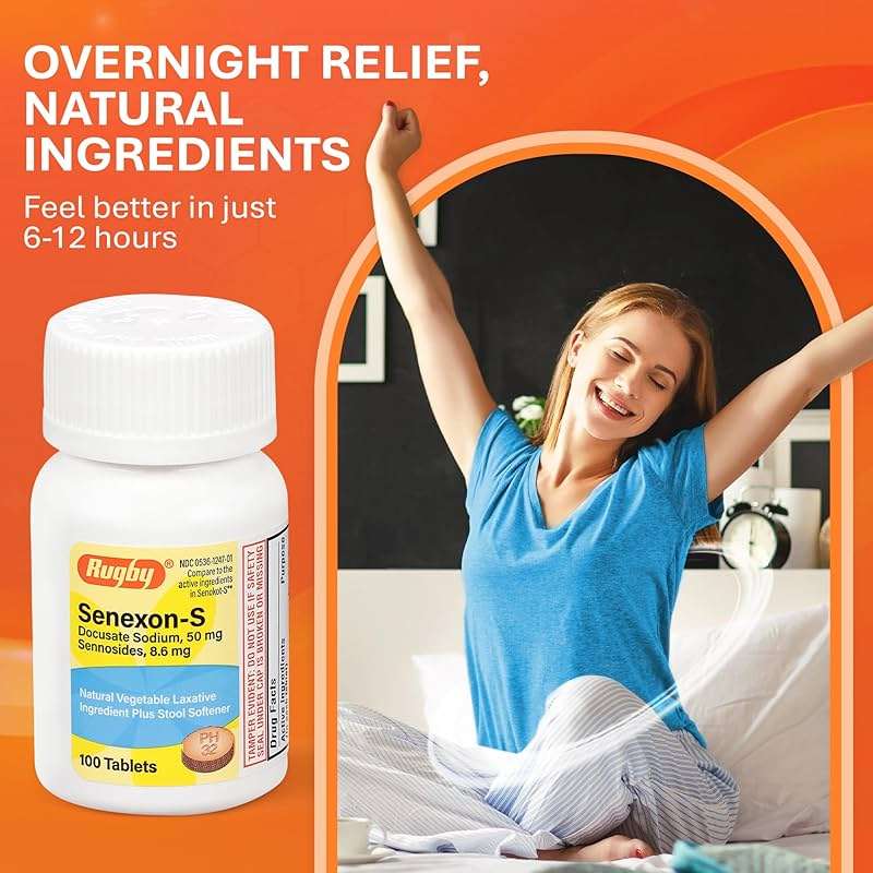 Rugby Senexon-S - Natural Vegetable Laxative Ingredient Plus Stool Softener, Constipation Relief - Docusate Sodium 50mg, Sennosides 8.6mg - 100 Tablets (1-Pack) - Image 4