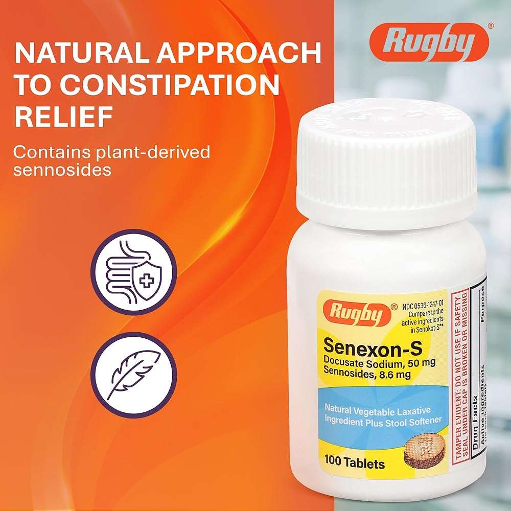 Rugby Senexon-S - Natural Vegetable Laxative Ingredient Plus Stool Softener, Constipation Relief - Docusate Sodium 50mg, Sennosides 8.6mg - 100 Tablets (1-Pack) - Image 6