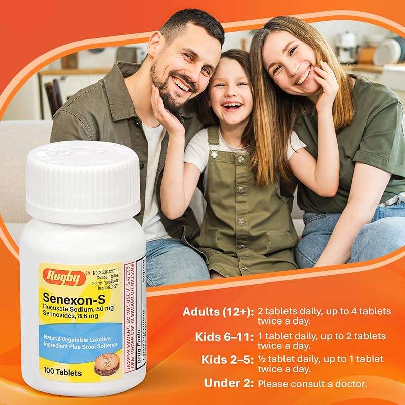 Rugby Senexon-S - Natural Vegetable Laxative Ingredient Plus Stool Softener, Constipation Relief - Docusate Sodium 50mg, Sennosides 8.6mg - 100 Tablets (1-Pack) - Image 7