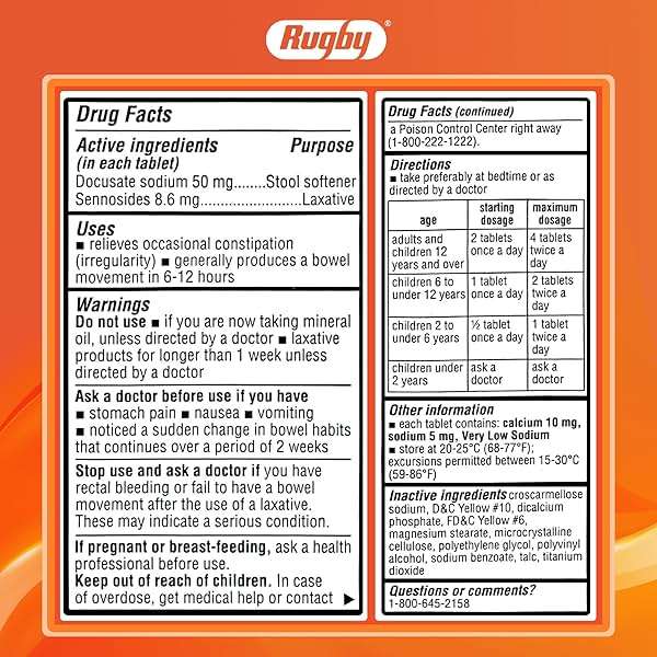 Rugby Senexon-S - Natural Vegetable Laxative Ingredient Plus Stool Softener, Constipation Relief - Docusate Sodium 50mg, Sennosides 8.6mg - 100 Tablets (1-Pack) - Image 9