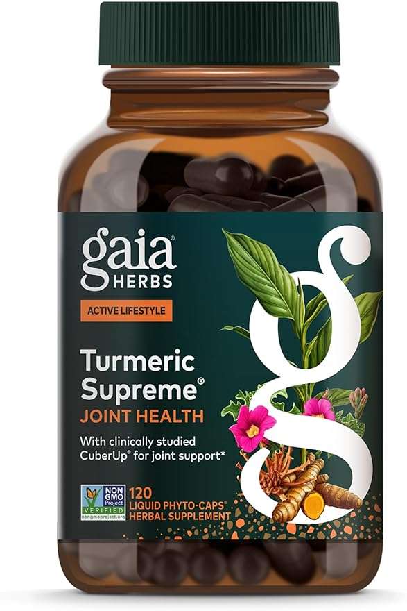 Gaia Herbs Turmeric Supreme Joint Health - Joint Support Supplement with Cucumber, Quercetin, Black Pepper, Ginger Root, Curcuminoids & More* - 120 Liquid Phyto-Caps (60 Servings) - Image 1
