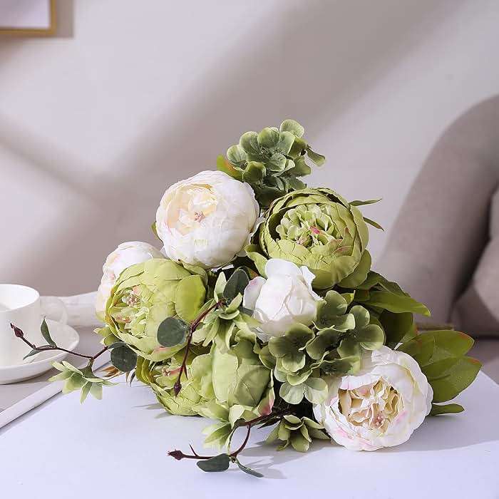 Duovlo Fake Flowers Vintage Artificial Peony Silk Flowers Wedding Home Decoration,Pack of 1 (New Green) - Image 4