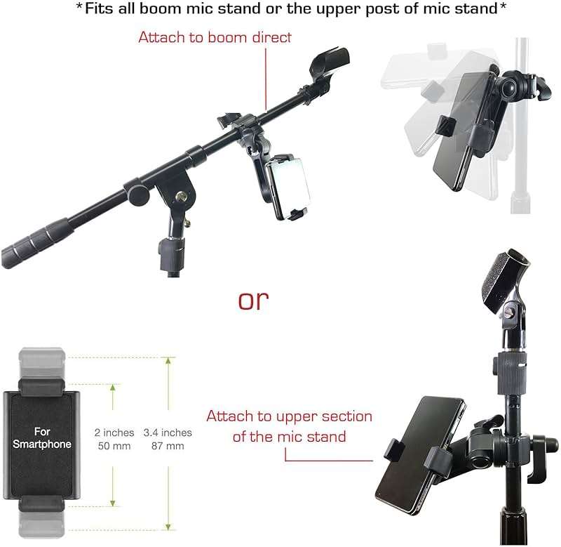 Accessory Basics Music Boom Mic Microphone Stand Smartphone Mount w/360° Swivel Adjust Holder for All Smartphones up to 3.75 inches Wide (Zoom Video Compatible) - Image 3