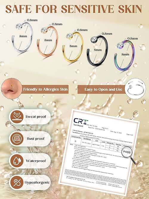 ORAZIO 5-12Pcs 20G Stainless Steel Nose Ring Hoop CZ Body Ear Piercing 5 Mixed Colors - Image 2