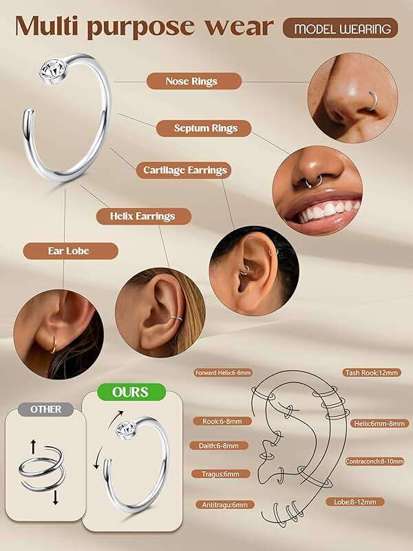 ORAZIO 5-12Pcs 20G Stainless Steel Nose Ring Hoop CZ Body Ear Piercing 5 Mixed Colors - Image 4