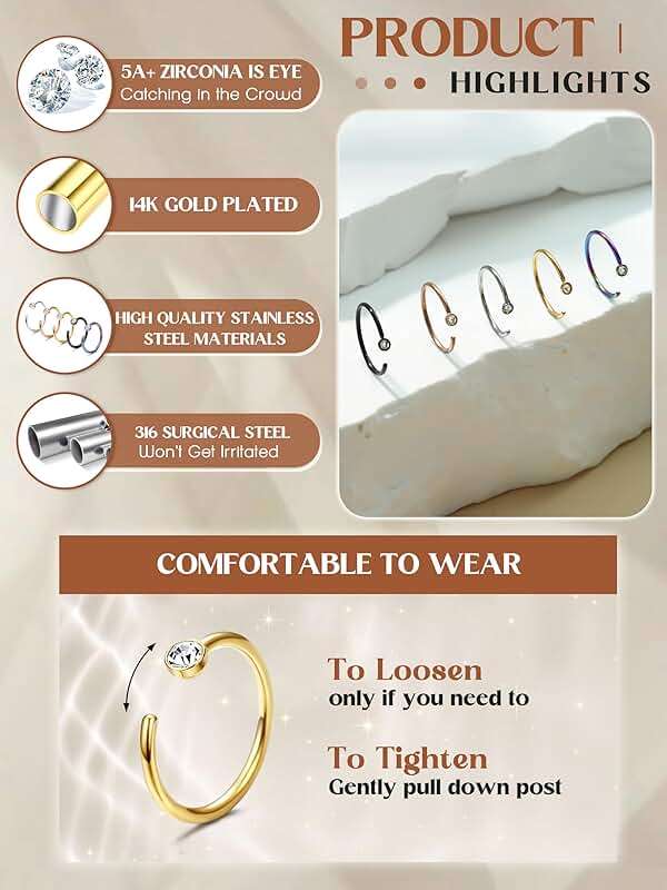 ORAZIO 5-12Pcs 20G Stainless Steel Nose Ring Hoop CZ Body Ear Piercing 5 Mixed Colors - Image 6