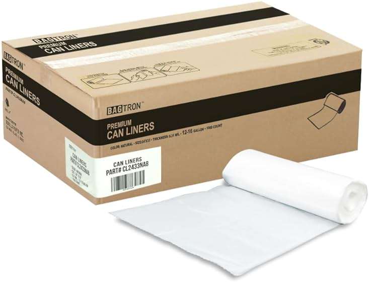 Bagtron 12-16 Gallon Trash Bags, 8 Micron High Density Garbage Can Liners Bulk, 24" x 33", Natural Clear, 1000 Count - Image 1