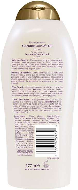 OGX Extra Creamy + Coconut Miracle Oil Ultra Moisture Body Lotion with Vanilla Bean, Fast-Absorbing Body Lotion for All Skin Types, Paraben-Free and Sulfated-Surfactants Free, 19.5 Ounce - Image 6