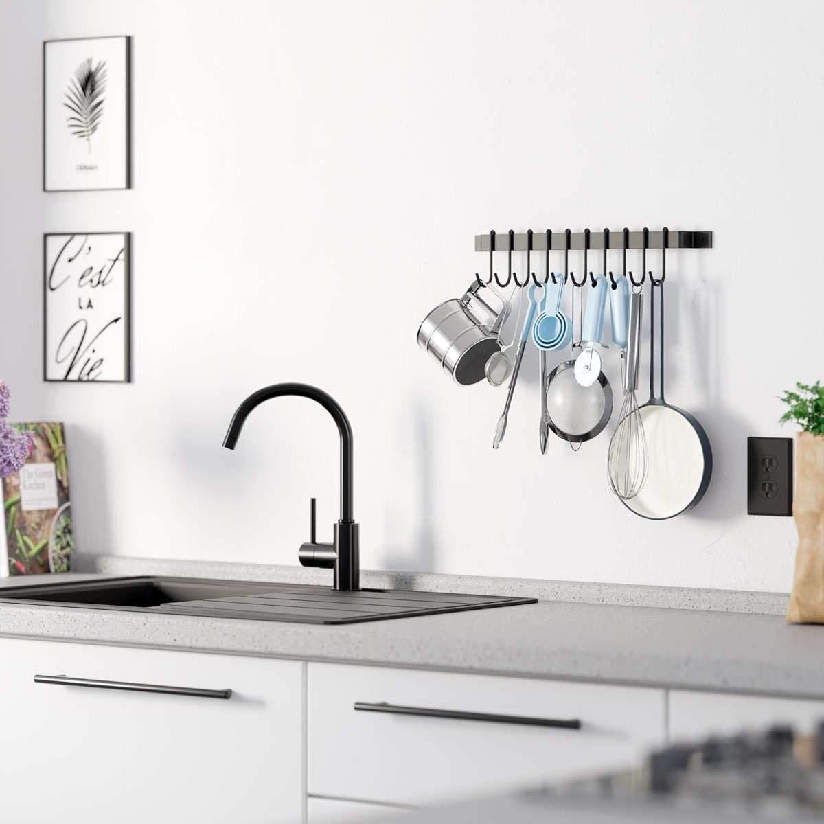 Wallniture Gourmet Kitchen Rail with 10 Hooks, Wall Mounted Wrought Iron Hanging Utensil Holder Rack with Black 17 Inch - Image 4