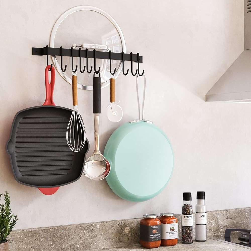 Wallniture Gourmet Kitchen Rail with 10 Hooks, Wall Mounted Wrought Iron Hanging Utensil Holder Rack with Black 17 Inch - Image 5