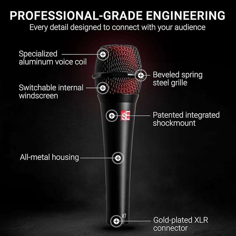 SE ELECTRONICS V7 Dynamic Microphone for Singing, Speech & Studio Recording - XLR Handheld Professional Microphone with Supercardioid Aluminum Voice Coil for Huge Gain Before Feedback - Grey - Image 5