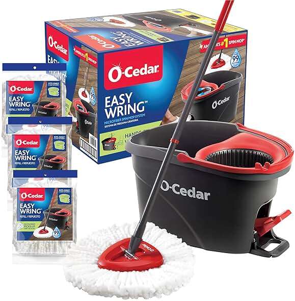 O-Cedar Easywring Microfiber Spin Mop & Bucket Floor Cleaning System + 3 Extra Refills (4 Refills Included) - Image 1