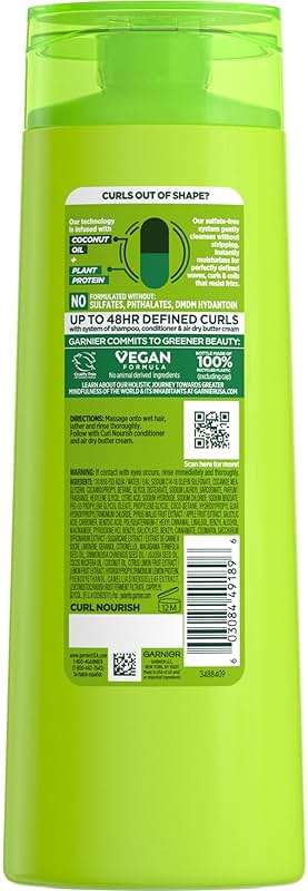 Garnier Fructis Curl Nourish Moisturizing Shampoo for Curly Hair, Plant Protein and Coconut Oil Formula, Up to 48HR of Curl Definition, Sulfate Free & Vegan, 12.5 Fl Oz (Packaging May Vary) - Image 2