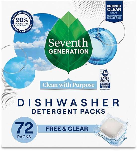 Seventh Generation Dishwasher Detergent Packs, Free & Clear, 72 Count, Pack of 1, Plant Powered Cleaning, Fights Greasy Reside & Stuck-On Food For Sparkling Dishes, Fragrance-Free & Septic Safe - Image 1
