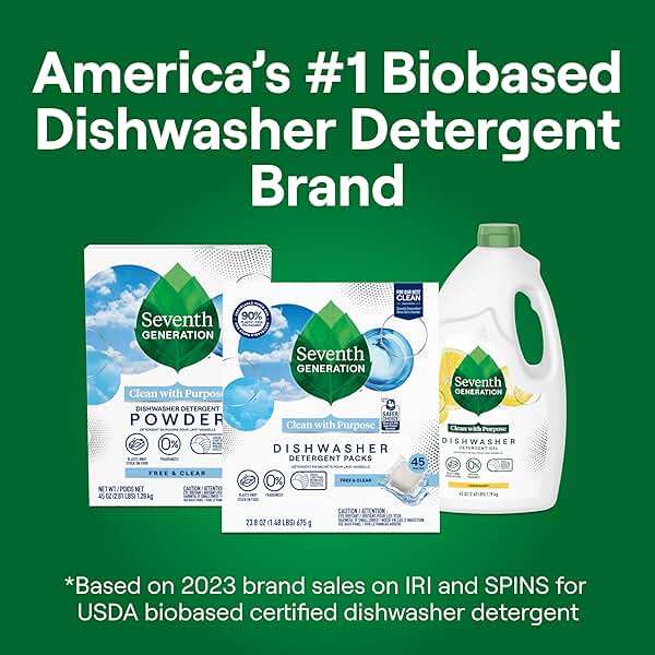 Seventh Generation Dishwasher Detergent Packs, Free & Clear, 72 Count, Pack of 1, Plant Powered Cleaning, Fights Greasy Reside & Stuck-On Food For Sparkling Dishes, Fragrance-Free & Septic Safe - Image 4