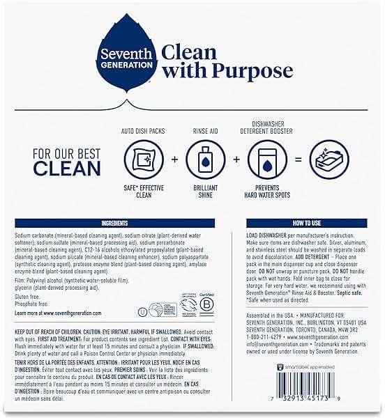 Seventh Generation Dishwasher Detergent Packs, Free & Clear, 72 Count, Pack of 1, Plant Powered Cleaning, Fights Greasy Reside & Stuck-On Food For Sparkling Dishes, Fragrance-Free & Septic Safe - Image 6