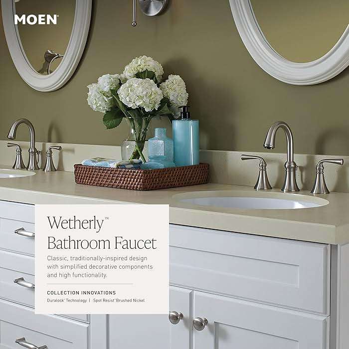 Moen Wetherly Spot Resist Brushed Nickel Two-Handle Widespread Bathroom Faucet with Valve Included, 3-hole Deck Mounted Setup, WS84855SRN - Image 4