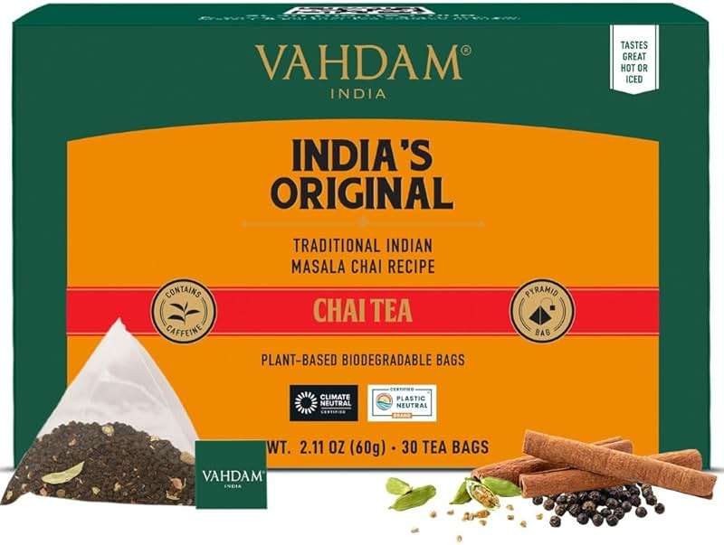 VAHDAM, India's Original Masala Chai Tea (30 Pyramid Tea Bags) Non GMO, Gluten Free, No Artificial Flavors | Blended w/Exotic Spices | Chai Tea Bags | Resealable Ziplock Pouch - Image 1