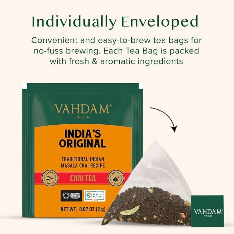 VAHDAM, India's Original Masala Chai Tea (30 Pyramid Tea Bags) Non GMO, Gluten Free, No Artificial Flavors | Blended w/Exotic Spices | Chai Tea Bags | Resealable Ziplock Pouch - Image 4