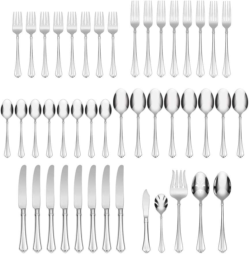 Oneida Silverware Set For 8, Juilliard 45-Piece Fine Flatware Set with Serving Utensils, Service For 8, 18/10 Stainless Steel, Mirror Finish, Dishwasher Safe,Knives Spoons & Forks Set(Silver 45 Piece) - Image 3