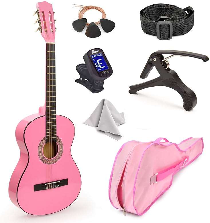 MasterPlay Kids Guitar, 30” Beginner Classical Wood Guitar For Learners, With starter kit, Bag, Strap, Tuner, Pick, Extra String, Cleaning cloth, Christmas, Birthday Gift for Girls Ages 5-12, Pink - Image 1
